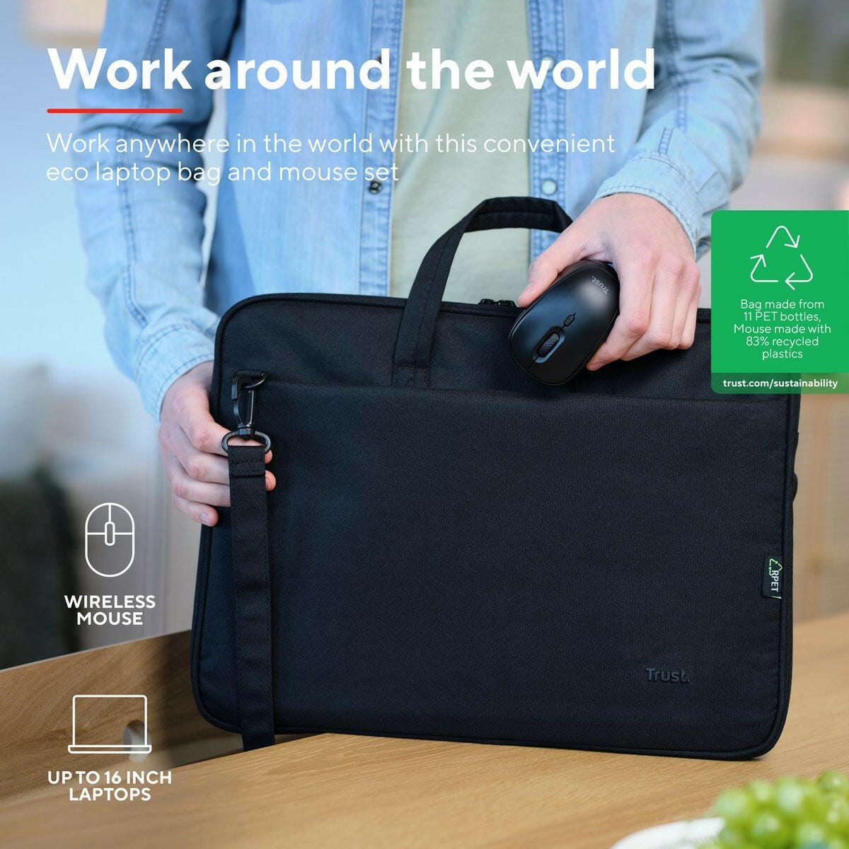 Trust Bologna Slim Laptop Bag 16 inch Eco + Mouse zwart - Image 3